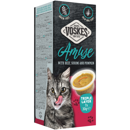 VOSKES TRIPLE LAYER WITH BEEF, SURIMI & PUMPKIN 7X30GR / TRZY WARSTWY Z WOŁOWINĄ, SURIMI I DYNIĄ