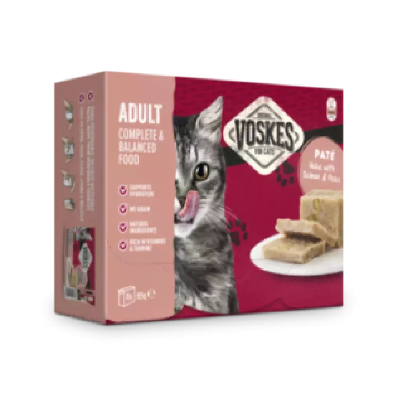VOSKES ADULT PATÉ HAKE WITH SALMON  PEAST 85G (8) / DOROSŁY KOT PASZTET Z MORSZCZUKA Z ŁOSOSIEM I GROSZKIEM
